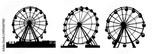 Black silhouette, white background: ferris wheel set with simple line art design featuring simple design, minimalist, black and white with illustrations and graphics