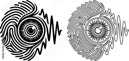 Two outline biometric icons with iris scan fingerprint and voice wave for security apps