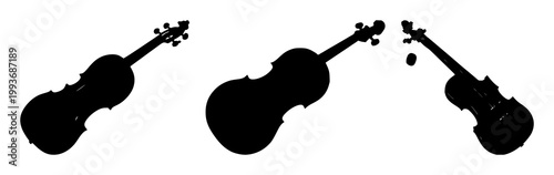 Violin set with bold black silhouette on white background featuring musical instrument, classical art, line illustration with music and design