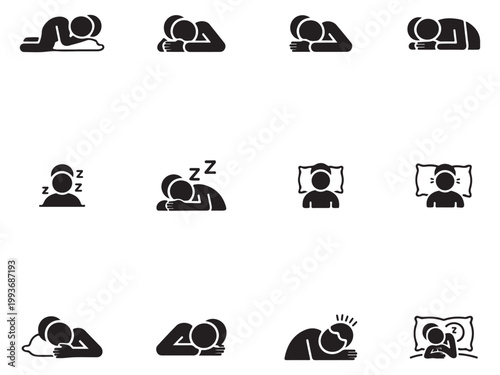 Night Sleep Cycle and Bedtime Routine Icon Set, People Sleeping Poses Graphic Collection