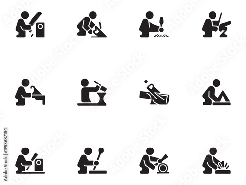 Professional Woodworking Tools and Carpentry Equipment Icon Set for Craftsman Branding