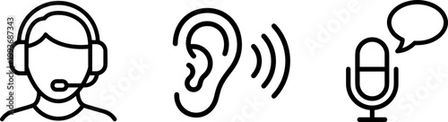 A set of three simple line icons on a white background depicting a person wearing a headset, a human ear with sound waves, and a microphone with a speech bubble, representing communication and audio c