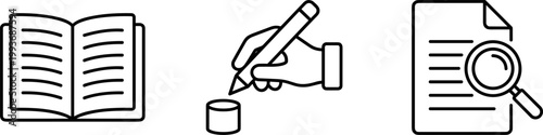 A set of three simple line style icons on white background, depicting an open book, a hand holding a pencil writing, and a document with a magnifying glass