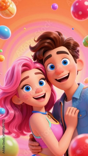 Joyful 3D animated couple embracing with bright pink hair, blue eyes, and ecstatic smiles against a swirling orange-pink candy-filled background.

