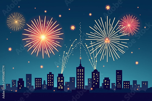 Colorful Cartoon Fireworks Display Over City Silhouette