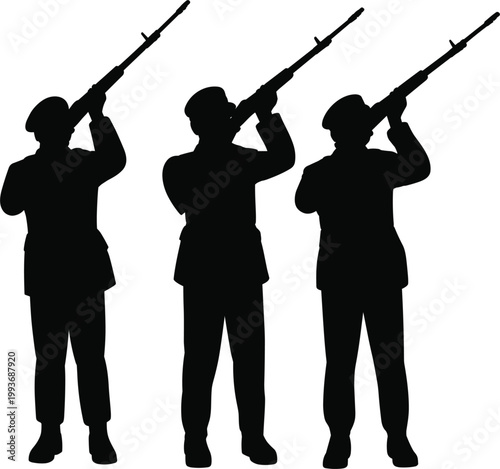 Soldier silhouettes aiming rifles upward, military salute or honor gesture for army ceremony and patriotic defense themes