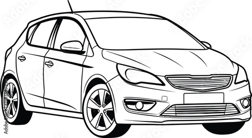 Detailed Line Drawing of a Modern Hatchback Car, Front-Side View