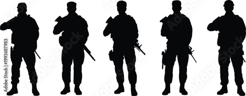 Military soldier silhouettes with rifles standing poses, armed forces personnel for defense security and combat training themes