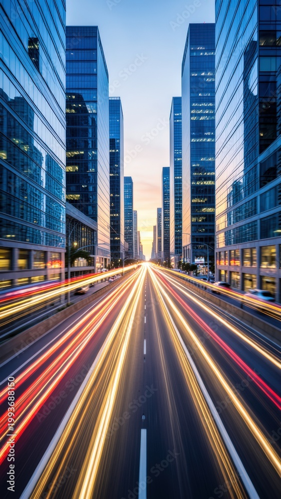 Fototapeta premium Long-exposure cityscape with vivid light trails rushing between modern glass skyscrapers toward a bright sunset vanishing point, futuristic urban infrastructure concept.