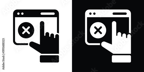 Vector icon showing a hand clicking an X or cross mark on a browser window, representing error, rejection, cancellation, or closing a web task.