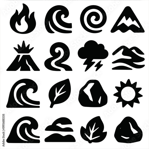 Collection of stylized icons representing the four elements and nature symbols