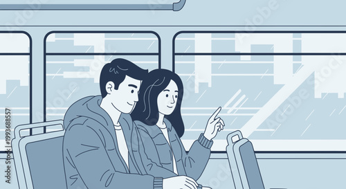 Couple on Bus Ride, Romantic Journey Through Cityscape Illustration