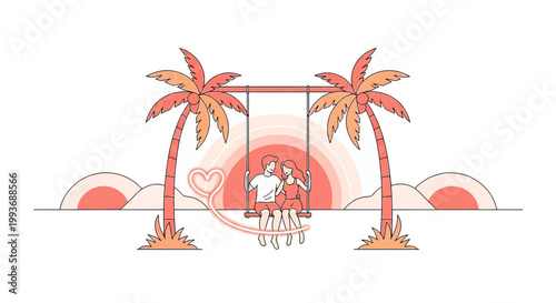 Couple on Swing Between Palm Trees, Sunset, Romantic Heart Illustration