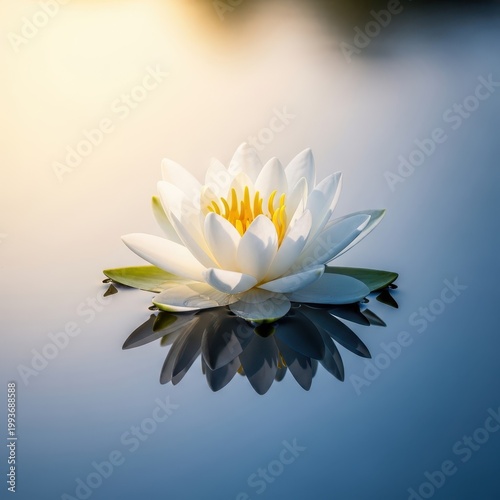 A delicate white blossom resting softly on the calm, reflective surface of a pond, symbolizing purity, peace, and natural beauty, light, meditation, pure