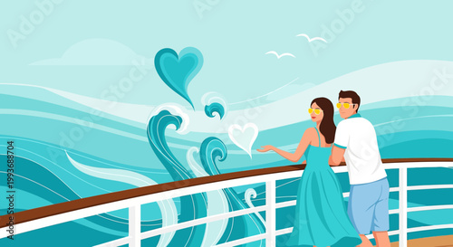 Couple on Cruise Ship Deck, Romantic Ocean Voyage with Heart Symbols