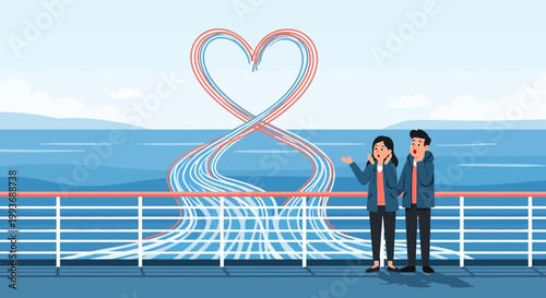 Couple on Cruise Ship Deck Watching Heart Shaped Vapor Trails Over Ocean