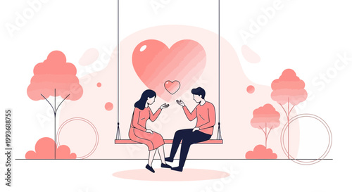 Couple on Swing Under Heart Arch, Romantic Love, Valentine's Day, Minimalist Illustration
