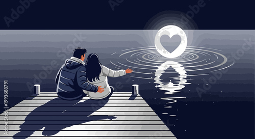 Couple on Dock Gazing at Heart Moon Reflection Over Serene Water