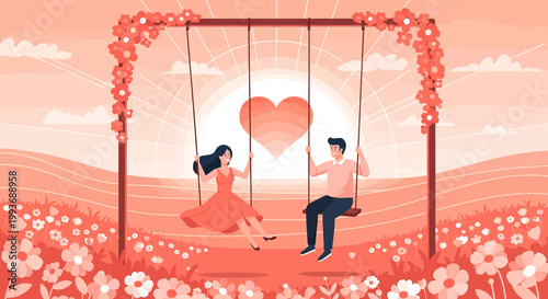 Couple on Swing, Heart Symbol, Love Illustration, Romantic Sunset Landscape