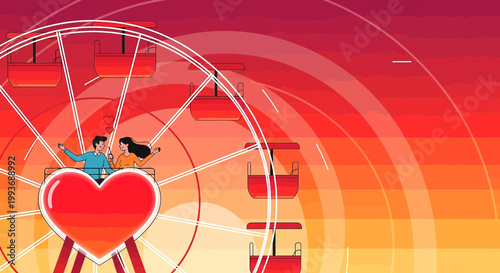 Couple on Ferris Wheel with Heart Symbol, Romantic Sunset Background