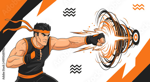 Dynamic vector illustration of a martial artist delivering a powerful energy punch with force