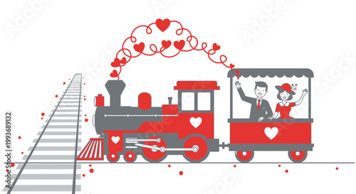 Couple on Love Train with Heart Smoke - Romantic Journey Illustration