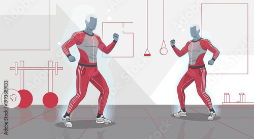 Dynamic vector illustration of male athletes in modern gym showcasing fitness regimen routine