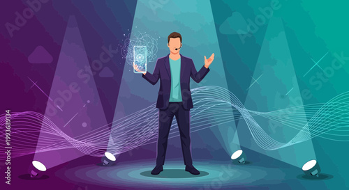 Dynamic presenter unveils innovative mobile technology solution amidst vibrant spotlights and