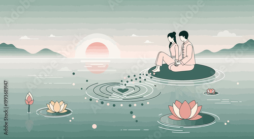 Couple on Lily Pad, Romantic Sunset Over Water with Lotus Flowers