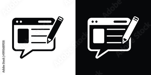 Minimalist icon of a browser window with a speech bubble and pencil, representing content creation, blogging, or web editing. High-quality vector illustration.