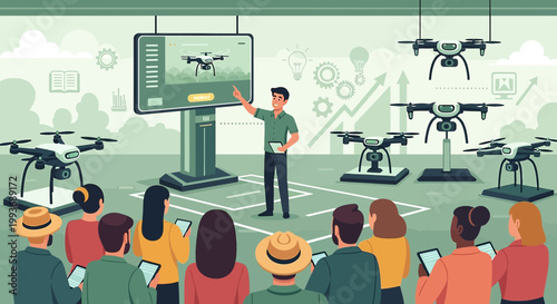 Educational drone presentation with instructor and attending audience learning about the technology
