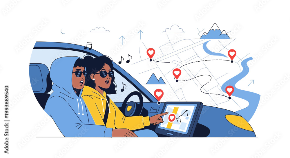 Obraz premium Couple on Road Trip Using Navigation App in Car, Planning Journey