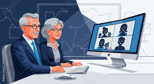 Elderly couple happily attending a virtual meeting with their family during difficult times