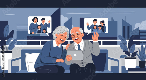 Elderly couple enjoys video call with family conveying warmth and joy using technology