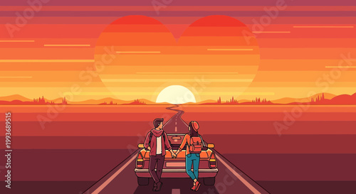 Couple on road trip sunset with heart shaped sky, love and romance