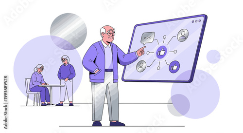 Elderly engagement with modern technology and social interaction illustrated scene