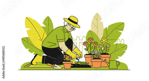 Elderly gardener planting flowers in terracotta pots in a vibrant garden setting