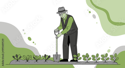 Elderly gardener tending his vegetables with care in a minimal and stylish cartoon illustration