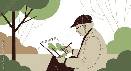 Elderly gentleman artistically sketching park scenery with focused creativity outdoors serenity