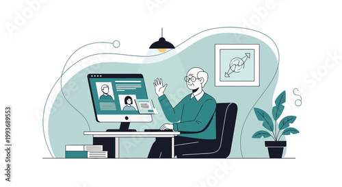 Elderly gentleman engaging in a vibrant virtual meeting via desktop computer during daytime