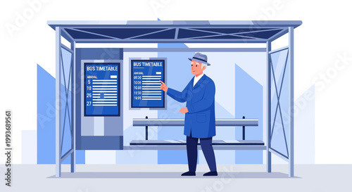 Elderly gentleman consulting a bus timetable at a modern bus stop illustration