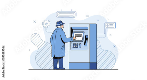 Elderly gentleman using ATM for modern banking transactions within abstracted illustrative scene