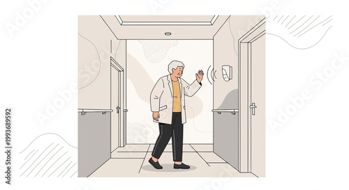 Elderly man activating contactless dispenser in assisted living facility hallway environment