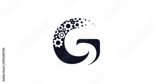 Black gear logo with swirl design.