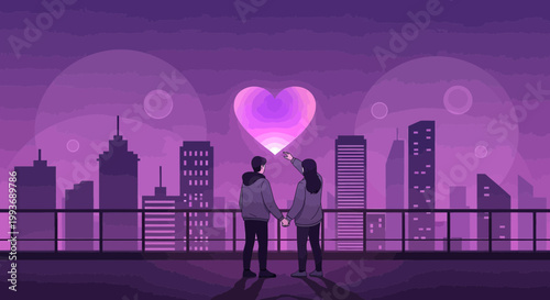 Couple on Rooftop Admiring Glowing Heart Over Pixelated Cityscape at Night