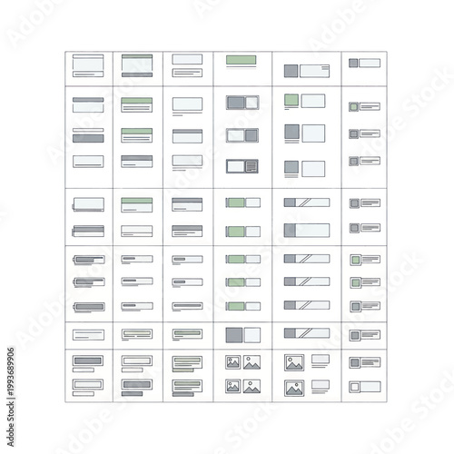 Collection of UI Card Mockups and Layout Elements in Grid Format for Interfaces.