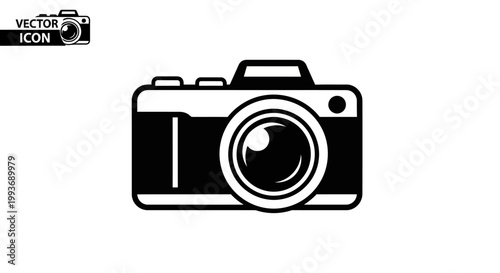 Black and white vector icon of a camera on a white background