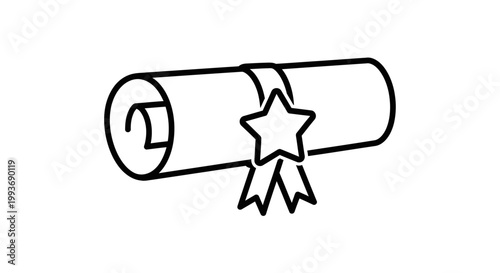 Diploma Scroll with Star Ribbon Icon - Outline Vector Illustration