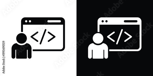 Developer icon showing a user avatar with a code snippet tag inside a browser window, symbolizing web programming, software development, coding skills, and technical support.
