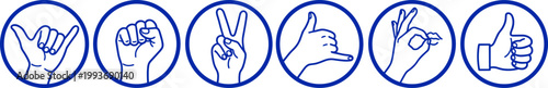 A set of six blue outlined icons depicting various hand gestures for communication
